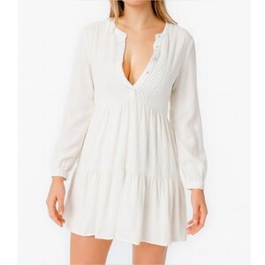 Love Stitch dress tiered 1/4 button up off white linen blend long sleeve SZ SM